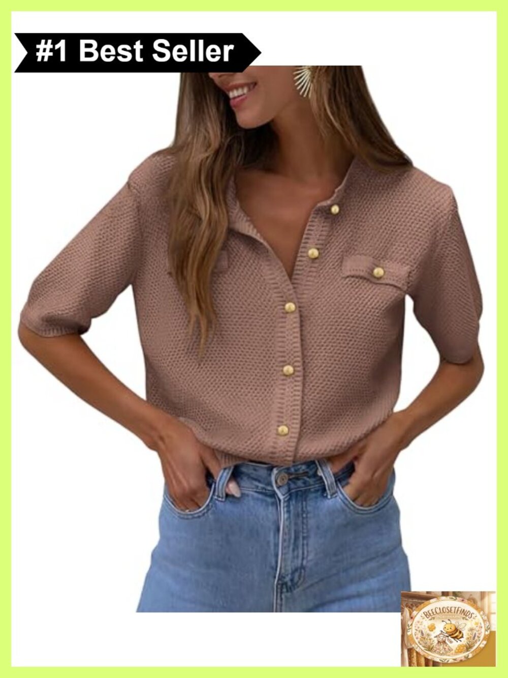 Women's Summer Casual Button Down Shirt Half Sleeve V Neck Knitted Blouse
